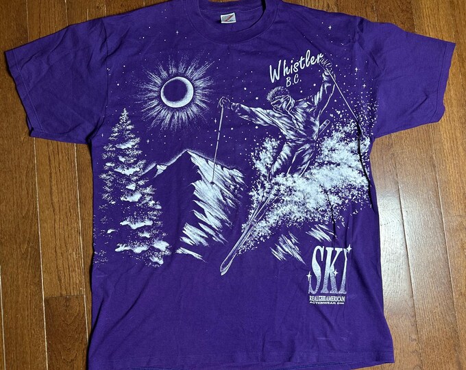 Vintage 1992 Whistler BC Ski T-Shirt XL Made in USA Jerzees Purple Graphic Travel Tee Winter Mountain Shirt