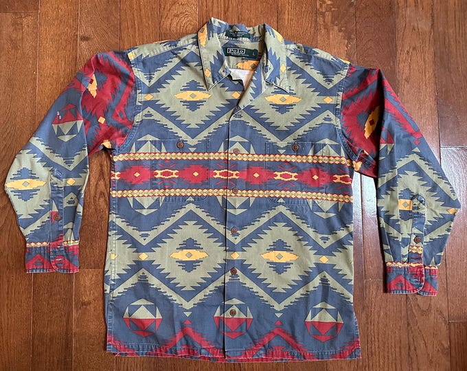 Vintage Polo Ralph Lauren Southwestern Aztec Canvas Shirt Green Tag Large