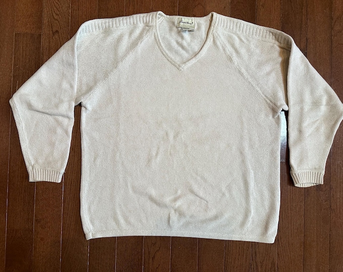 Vintage 1990s Eddie Bauer Cream V-Neck Sweater Mens Large Cotton Knit