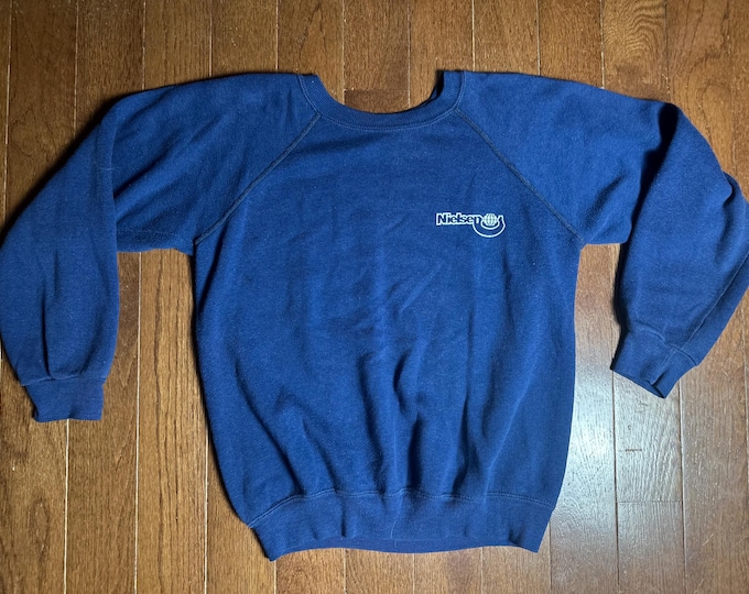 Vintage Nielsen Raglan Sweatshirt Blue Butter Soft Crewneck Minimal Logo