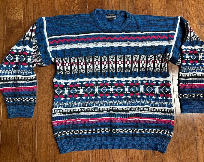 Vintage Coogi Style Heavyweight Knit Sweater XL Peter England Ramie Cotton