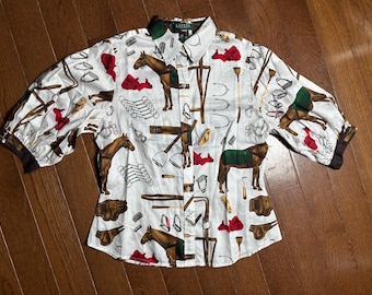 Vintage Lauren Ralph Lauren Petite Equestrian Horse Print Shirt