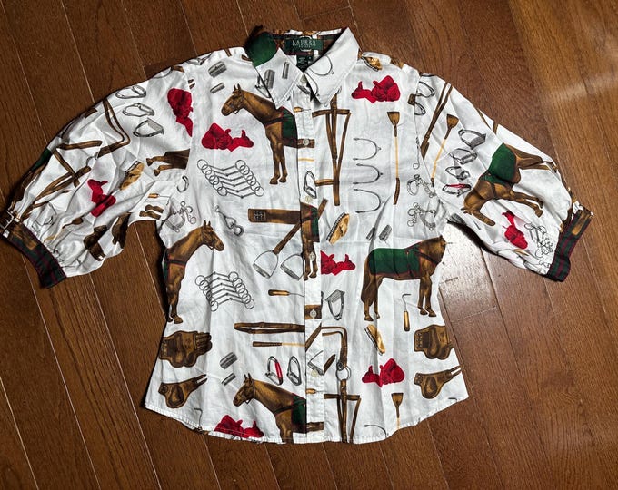 Vintage Lauren Ralph Lauren Petite Equestrian Horse Print Shirt