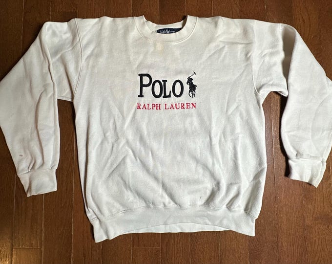 Vintage 90s Polo Ralph Lauren Sweatshirt L Made USA White Distressed Preppy Crewneck