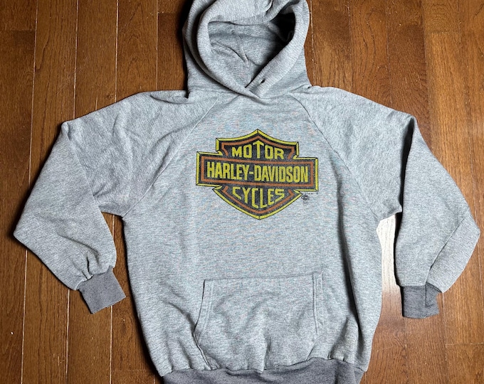 Vintage Harley Davidson Hoodie Plourde’s Caribou Maine Raglan Sweatshirt 80s Style Biker Pullover