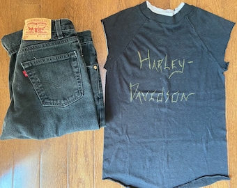 1980's Thrashed Harley Davidson Double Crew Neck Handmade Sleeveless Tee