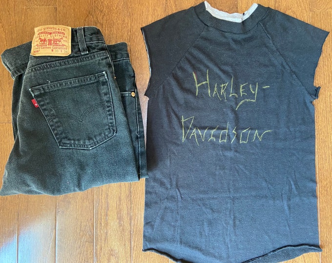 1980's Thrashed Harley Davidson Double Crew Neck Handmade Sleeveless Tee