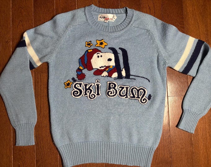 Vintage Snoopy Ski Bum Sweater Medium Wool Peanuts Skiing Après Ski Lodge Winter 80s