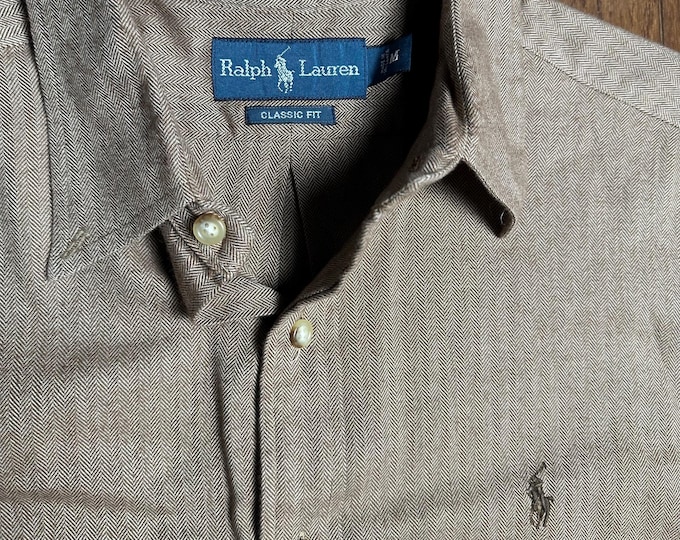 Vintage Ralph Lauren Classic Fit Button Up Shirt Brown Herringbone Men’s Medium