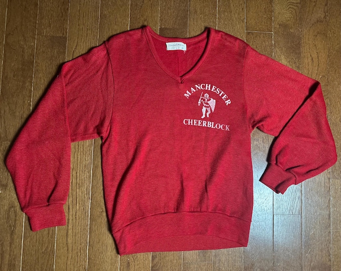Vintage 1960s Manchester Cheerblock Sweater Red V Neck Creslan Rayon Collegiate Knit