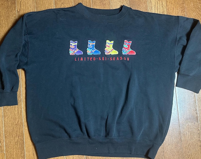 Limited Jeans Ski Season Sweatshirt Medium Black Embroidered Ski Boots Oversized Crewneck
