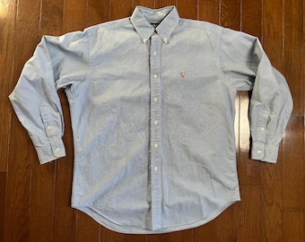Vintage Ralph Lauren Blake Shirt Blue Oxford Micro Check Distressed Cotton Button Down