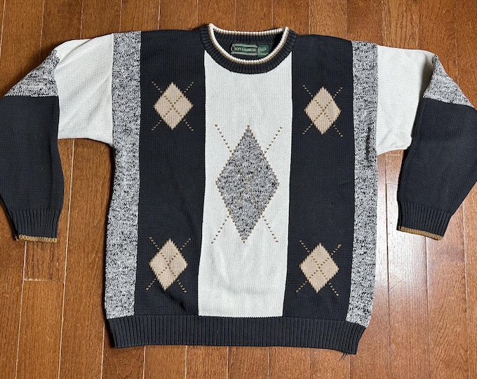 Vintage Croft & Barrow Argyle Sweater XL 90s Heavy Cotton Oversized Grandpa Sweater Preppy Knit