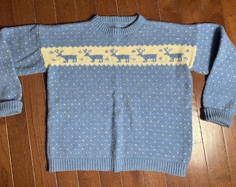 Vintage 80s Style Reindeer Sweater Blue Wool Fair Isle Ski Lodge Nordic Winter Knit