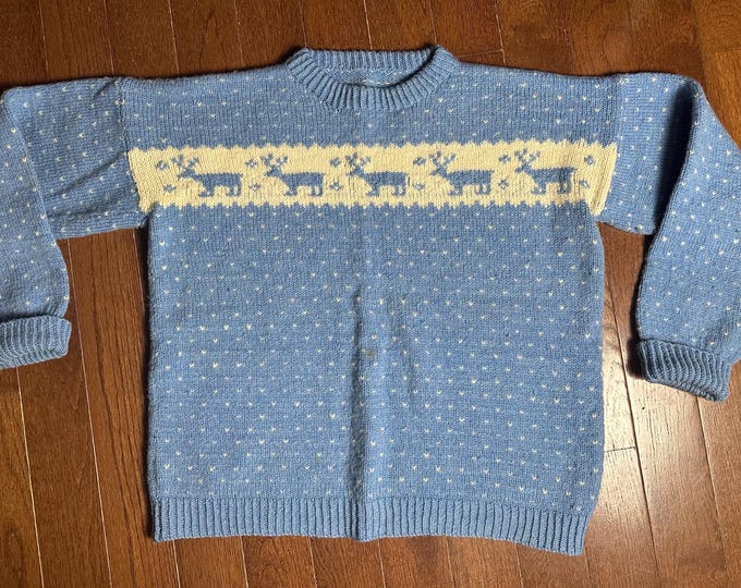 Vintage 80s Style Reindeer Sweater Blue Wool Fair Isle Ski Lodge Nordic Winter Knit