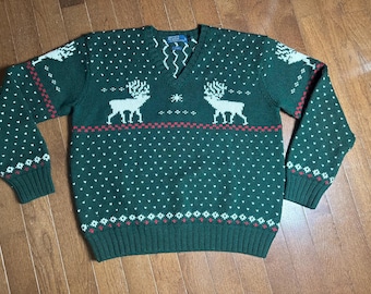 Vintage Polo Ralph Lauren Reindeer Sweater XXL 100% Wool Green Fair Isle Christmas Ski Lodge Knit