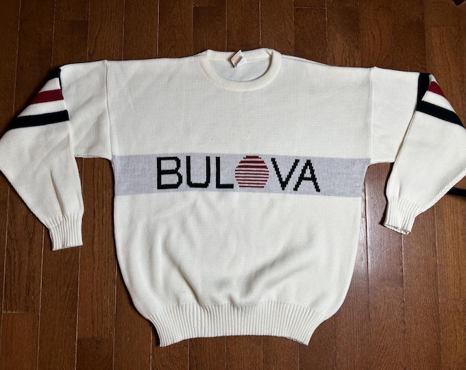 Bulova Logo Sweater Ravens Athletic Large Made in Canada Cream Wool Blend Graphic Knit
