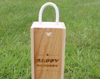 Happy Birthday (Stars) - Single Wooden Wine Box (With Gift Tag), Present, Birthday, Wine Box, Pine, Rope Handle