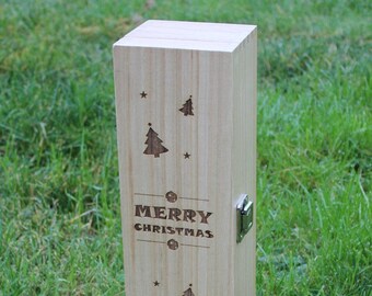 Merry Christmas, Trees, Stars & Baubles - Single Wooden Wine Box (With Gift Tag), Present, Wine Box, Hinged - optional luxury silk lining