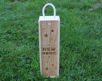 New Home (Stars) - Single Wooden Wine Box (With Gift Tag), Present, Housewarming, house warming, flat, house, Wine Box, Pine, Rope Handle