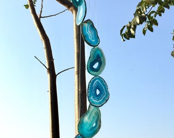 Teal Blue Agate Windchime Agate Slice Wind Chime Gemstone Stone Home Decor Crystal Gift Home Window Eave Balcony Decoration