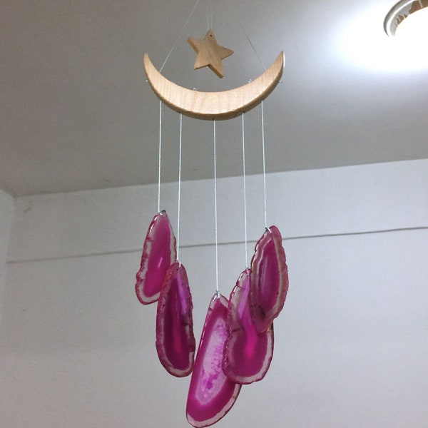 AGATE 7 SLICE WIND CHIME - PINK - #3 X-LARGE - 9 - 11cm x 7 - 9cm - Wooden Ring Top - BRAZIL - NEW1121 main image 0