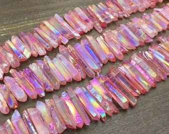 Bright Pink Aura Quartz Points Crystal Point Beads Graduated Stick Beads Wholesale Bulk Quartz Mystic Crystals Top Drilled 5-8*17-45mm