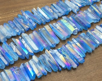 Bright Blue Aura Quartz Crystal Points Raw Crystal Quartz Point Stick Beads Bulk Quartz Mystic Crystal Graduated Top Drilled 6-9*18-45mm