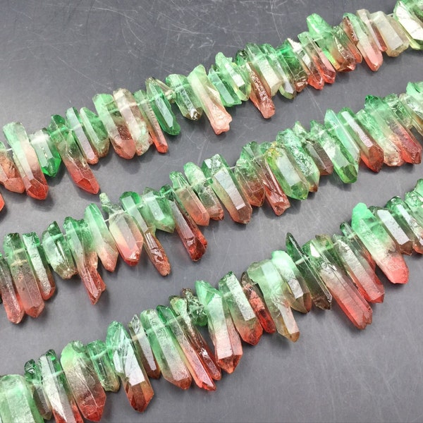 Green&Red Quartz Points Raw Gradient Crystal Point Beads Mystic Double Color Tiny Quartz Crystal Stick Beads Top Drilled 5-9*15-35mm