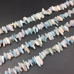 May include: Four strands of aquamarine, rose quartz, and pale green gemstone chips. The chips are irregular in shape and size, with a polished, smooth surface. The gemstones are strung together, creating a natural, organic look.