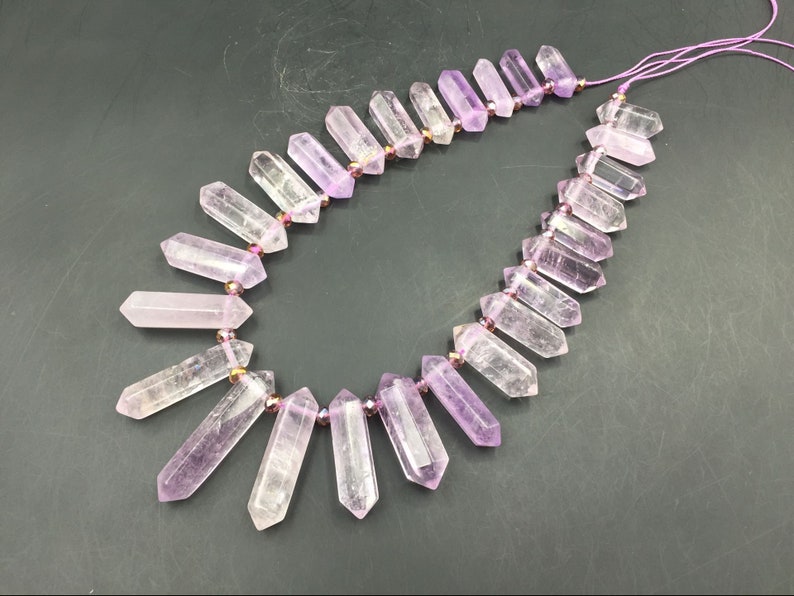 Double Terminated Amethyst Points Light Lavender Amethyst Quartz Crystal Stick Point Beads Supplies Top Drilled 9-12x25-45mm Full Strand KD