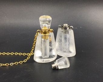 Polished Clear Quartz Perfume Bottle Necklace Essential Oil Diffuser Bottle Rock Crystal Perfume Necklace Pendant Charm Scent Bottle