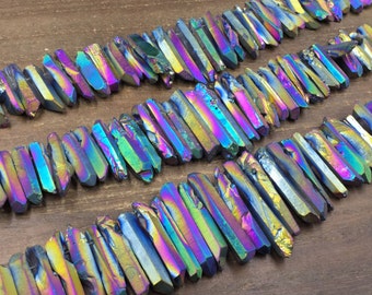 Rainbow quartz point mystic Titanium Quartz Crystal points Matte Coated Quartz points Dagger beads top drilled Raw Rough beads 6-9*16-42mm