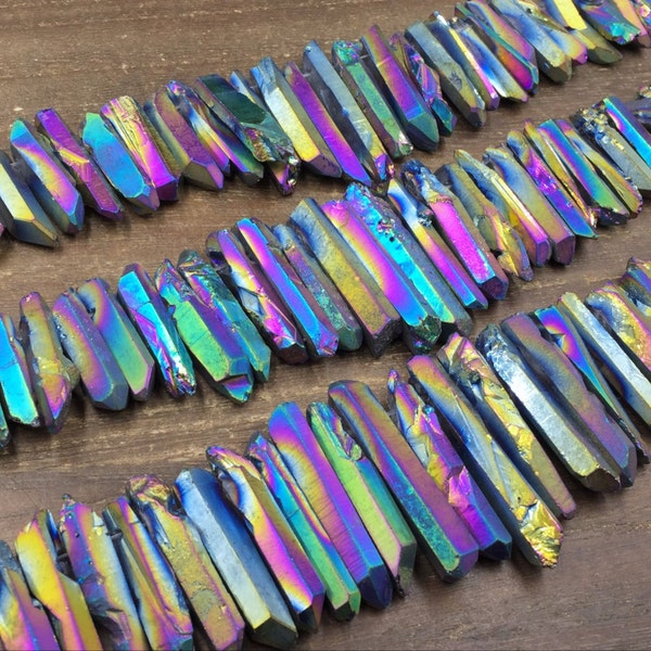 Rainbow quartz point mystic Titanium Quartz Crystal points Matte Coated Quartz points Dagger beads top drilled Raw Rough beads 6-9*16-42mm