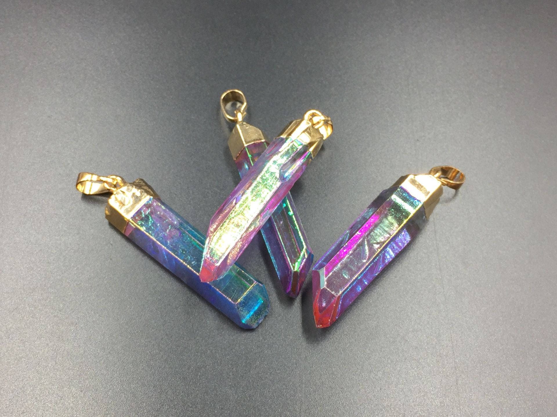 Aura Quartz Point Pendant Titanium Rainbow Aura Quartz Crystal Etsy