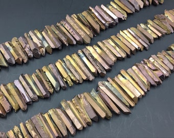 Raw Bronze Quartz Point Crystal Point Beads Slender Stick Spike beads top drilled Raw Rough Natural full strand 5-8*15-40mm