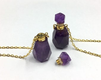 Sfaccettata Ametista Profumo Bottiglia Olio Essenziale Diffusore Bottiglia Ametista Quarzo Profumo Bottiglia Collana Pendente Charm Gemstone Profumo Bottiglia