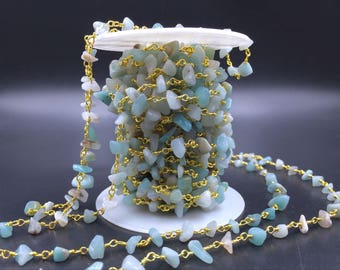 Amazonite Rosary Chain Wholesale Gemstone Chips Chain Wire Wrapped Jewelry Handmade Silver&Gold Rosary Style Chain Custom Length CCN