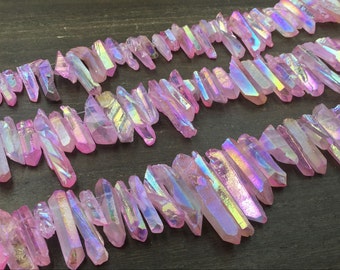 Aura Pink Quartz Points Raw Rough Rainbow Crystal Point Beads Stick Beads Wholesale Bulk Quartz Mystic Crystals Top Drilled 7-11*15-45mm