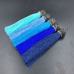 3&quot; Long Silk Tassel Pendants Blue Silk Tassels Pave Tassel Pendant Wholesale Tassel Charms Handmade Tassels Rhinestone Paved Cap 3-10pcs