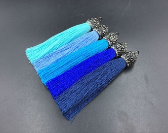 3" Long Silk Tassel Pendants Blue Silk Tassels Pave Tassel Pendant Wholesale Tassel Charms Handmade Tassels Rhinestone Paved Cap 3-10pcs