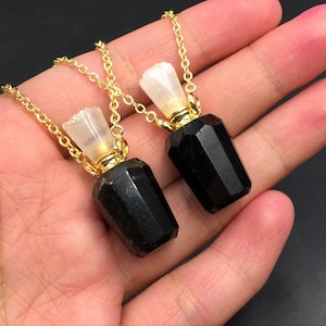 Black Tourmaline Perfume Bottle Necklace Pendant Essential Oil Diffuser Bottle Crystal Perfume Bottle Pendant Gemstone Crystal Scent Bottle