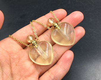 Heart Perfume Bottle Lemon Quartz Essential Oil Diffuser Bottle Polished Yellow Quartz Crystal Perfume Bottle Necklace Heart Pendant Charm