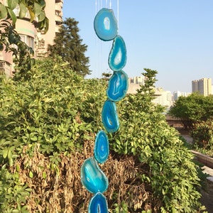 Teal Blue Agate Windchime Agate Slice Wind Chime Gemstone Stone Home Decor Crystal Gift Home Window Eave Balcony Decoration image 2