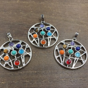 3-10pcs 7 Chakra Pendant Round Chakra Statement Pendant Charms Wholesale Silver Plated Rhinestone Yoga Chakra Jewelry Pendant Supplies