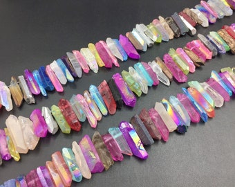 Mulitcolor Raw Crystal Points Raw Quartz Point Beads Mix Color Crystal Quartz Stick Beads Supplies Top Drilled 5-9x20-35mm 15.5" full strand