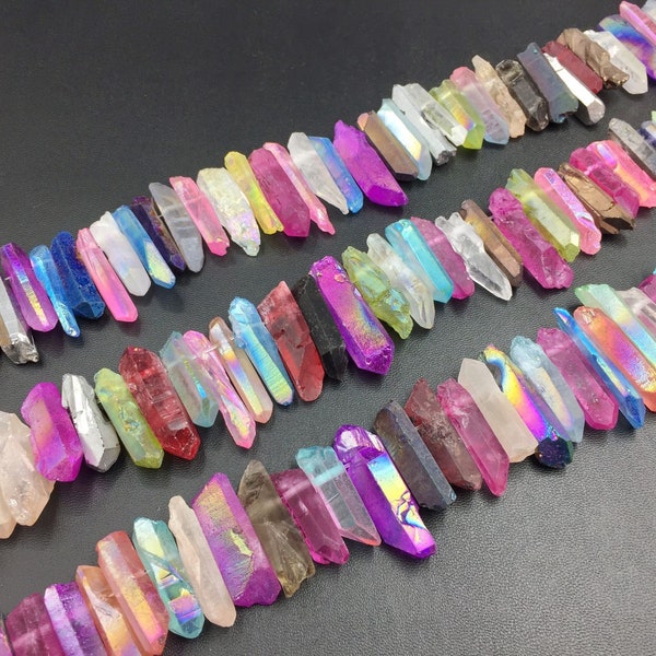 Mulitcolor Raw Crystal Points Raw Quartz Point Beads Mix Color Crystal Quartz Stick Beads Supplies Top Drilled 5-9x20-35mm 15.5" full strand