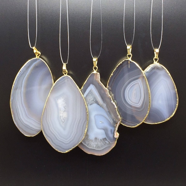 Pendentif Agate Gris Tranche Or Pendentif Agate Natural Drusy Agate Quartz Pendentif Agate Plaqué Or AGSDP