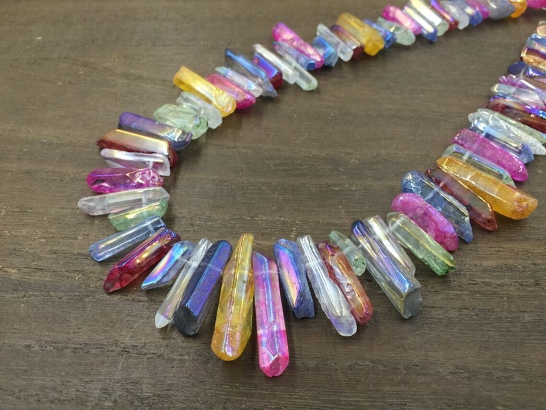 Tiny Mulitcolor Quartz Crystal Point Polished Quartz Point Gemstones Spike Bead Bulk Wholesale Quartz beads Supplies Top Drilled 3-5x12-30mm