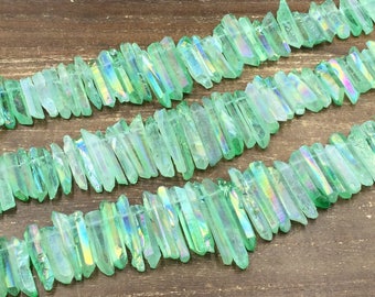 Green Aura Quartz Points Raw Green Crystal Point Beads Graduated Stick Beads Wholesale Bulk Quartz Mystic Crystals Top Drilled 5-8*17-45mm